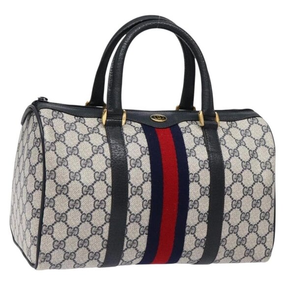 GUCCI GG Supreme Sherry Line Hand Bag PVC Navy Gold Red 58 02 007 Auth 139106 - Picture 1 of 16